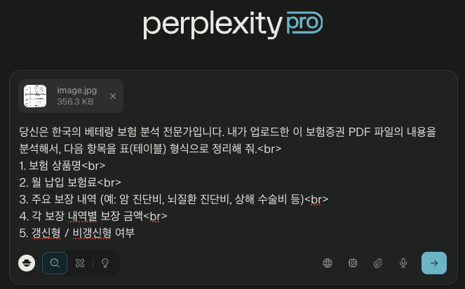 ai (퍼플렉시티) 에 보험증권을 업로드하고 질문한다
